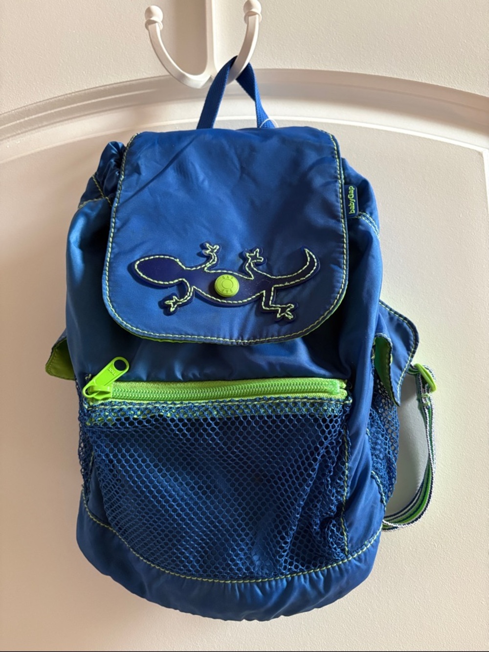 Baby GAP Blue Kids Backpack with Neon Green Trim and Lizard Appliqué